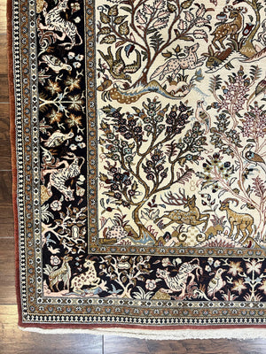 Persian Qum Tree of Life Rug 5x7, Wool and Silk Highlights, Animal Motifs, Vintage Hand Knotted Handmade Cream & Black Fine Oriental Carpet
