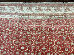 Turkish Oushak Rug 12x18, Wool Hand Knotted Vintage Carpet, Red & Oatmeal, 12 x 18 Palace SIze Handmade Oriental Rug