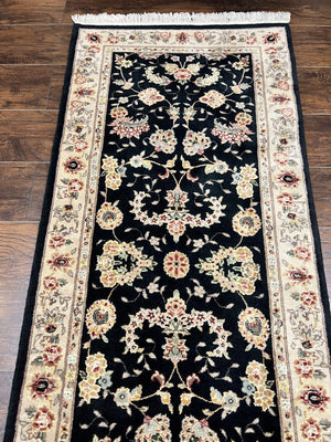 Sino Persian Short Runner Rug 2.7 x 6, Wool and Silk Highlights Black and Beige Handmade Vintage Floral Allover Oriental Carpet, Hallway Rug