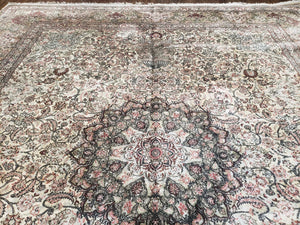 Vintage Indian Room Sized Silk Rug 8x10, Indo Kashmiri Carpet, Hand-Knotted Persian Oriental Carpet, Floral Medallion Allover Pattern, Ivory