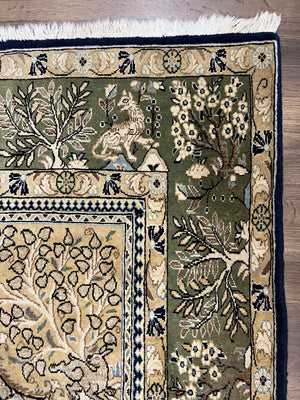Wonderful Persian Qum Rug 6x9, Animal Pictorials, Tree of Life, Deer Birds, Hand Knotted Oriental Ghom Carpet, Semi Antique Vintage, Navy Blue Green