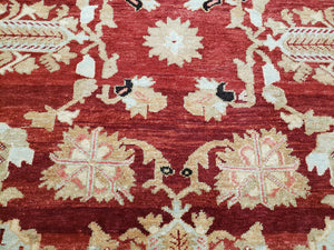 Peshawar Rug 9.5 x 10.8, Almost Square Size, Red and Beige Chobi Sultanabad Rug, Shah Abbas Flowers, Wool Handmade, Vintage Oriental Carpet