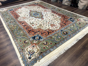 Indo Persian Rug 9x12, Ivory Red Green, Traditional Oriental Carpet