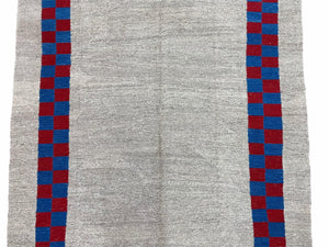 Gray Turkish Kilim Carpet 5' 7" x 7' 7", Medium Kilim Rug, Hand-Knotted, Blue & Red Border, Minimalistic Design, Geometric, Wool, New