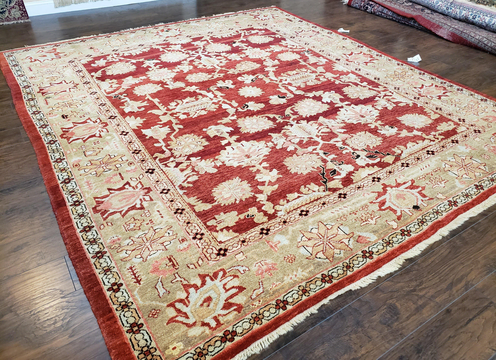Peshawar Rug 9.5 x 10.8, Almost Square Size, Red and Beige Chobi Sultanabad Rug, Shah Abbas Flowers, Wool Handmade, Vintage Oriental Carpet