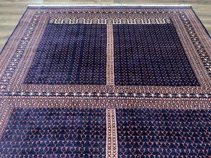 Pakistani Rug 8x11, Hand Knotted Wool Carpet, Navy Blue Red Beige, Four Season Hatchli Design, 8 x 11 Vintage Fine Oriental Rug, Room Sized