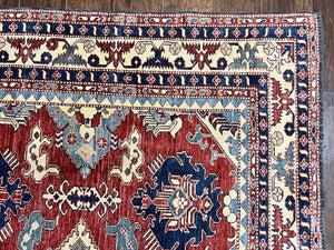 Turkish Heriz Rug 7x10, Wool Hand Knotted Handmade Room Sized Oriental Carpet, Red & Ivory, Vintage Geometric Oriental Rug 7 x 10 ft