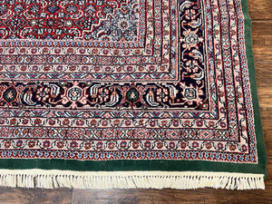 Indo Persian Rug 10x14, Bidjar Rug 10 x 14, Wool Hand Knotted Vintage Carpet, Red & Green Herati Pattern, Large Room Sized Oriental Rug