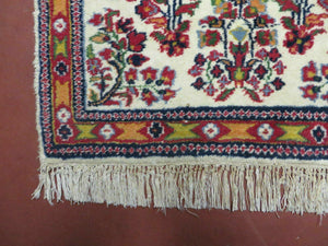 Small Persian Rug 2 x 3, Tiny Persian Sarouk Carpet, Cream Navy Blue Red, Floral Medallion, Vintage Wool Rug, Handmade Hand-Knotted Oriental Rug