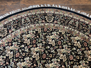 Round Oriental Rug 8x8 ft, William Morris Floral Pattern Carpet, 8 x 8 ft Round Rug, Black Cream and Tan 8ft Round Handmade Indo Persian Rug