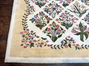 Power Loomed Rug 8x11, Ivory and Multicolor Floral Panel Pattern, Flowers, Butterflies, Vintage