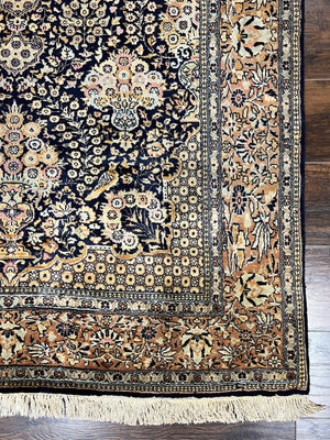 Pak Persian Rug 5x7, Wool Hand Knotted Vintage Fine Oriental Carpet, Birds, Floral Medallion, Traditional Oriental Rug, Dark Blue