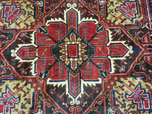 Wonderful Persian Heriz Rug 8.6 x 11, Geometric Heriz Carpet, Semi Antique Decorative Area Rug, Red Ivory Dark Blue Handmade Wool Room Sized