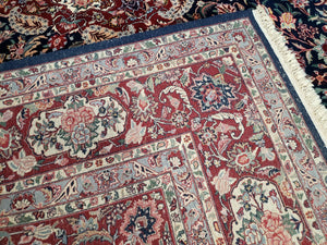 Vintage Dark Blue Persian Room Sized Rug 8x10, Wool & Silk Highlights Hand-Knotted Midnight Blue Red Floral Carpet, 8 x 10 Living Room Rug