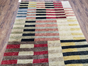 Modern Tibetan Rug 4' x 5' 9", Medium Sized Abstract Handmade Carpet, Hand-Knotted Soft Pile Wool Rug, Multicolor Contemporary Rug, Colorful