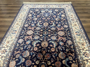 Karastan Rug #747, Indigo Tabriz 5.9 x 9, Wool Carpet Original 700 Series, Vintage Area Rug Allover Floral, Discontinued, Navy Blue Ivory