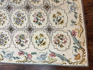 Needlepoint Rug 10x14, Wool Handmade Vintage Needlepoint Carpet, Floral Panel Design, Ivory/Cream