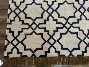 Indian Kilim Rug 8x10, Oat and Navy Blue, Dhurrie Carpet, Handmade, Wool