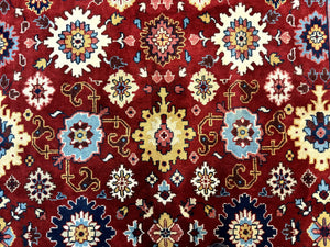 Indo Heriz Rug 8x10, Red and Navy Blue, Allover Pattern, Wool Handmade Carpet