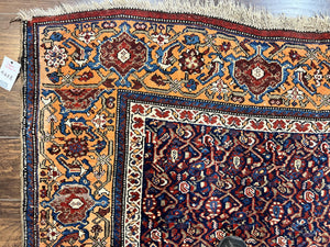 Persian Senneh Rug 4x8, Wool Hand Knotted Antique Kurdish Carpet, Navy Blue Oriental Area Rug, 4 x 8 Rug