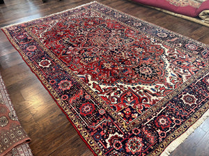 Persian Heriz Rug 8x12, Vintage Geometric Medallion Carpet, Semi Antique Wool Handmade Room Sized Oriental Rug 8 x 12, Red Dark Blue Ivory