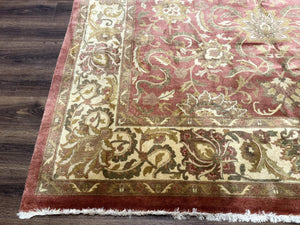 Indian Rug 8x11, Coral and Beige, Floral, Traditional Vintage Wool Carpet