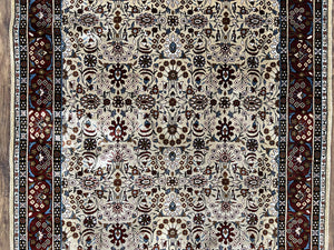Fine Sino-Persian Silk Rug 3x5, High Quality Silk Carpet, Handmade Small Silk Rug, Allover Repeated Motif, Tan Maroon Blue Vintage Silk Rug