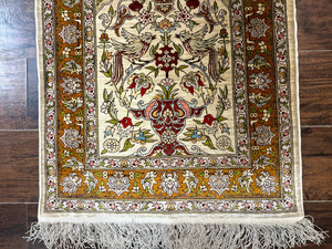 Silk Turkish Hereke Rug 2x3, Birds Lantern Very Fine 400 KPSI, Signed by Masterweaver, Wonderful, Rare, Small Hereke Rug