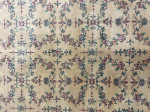 Sino Persian Rug 8x10, Floral, Oatmeal and Light Teal, Handmade Wool Vintage Carpet
