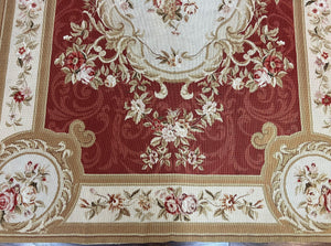 Aubusson Needlepoint Rug 5x8, Red Ivory Tan, Vintage Needlepoint Carpet 5 x 8 ft, Handmade Hand woven Wool, French European, Medium Size Rug