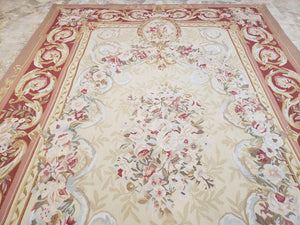 Aubusson Rug 6x9, Elegant Flatweave Rug, Aubusson Savonnerie 6 x 9 Flatweave Area Rug, Cream and Red, Wool Hand Woven Carpet, Medium Size