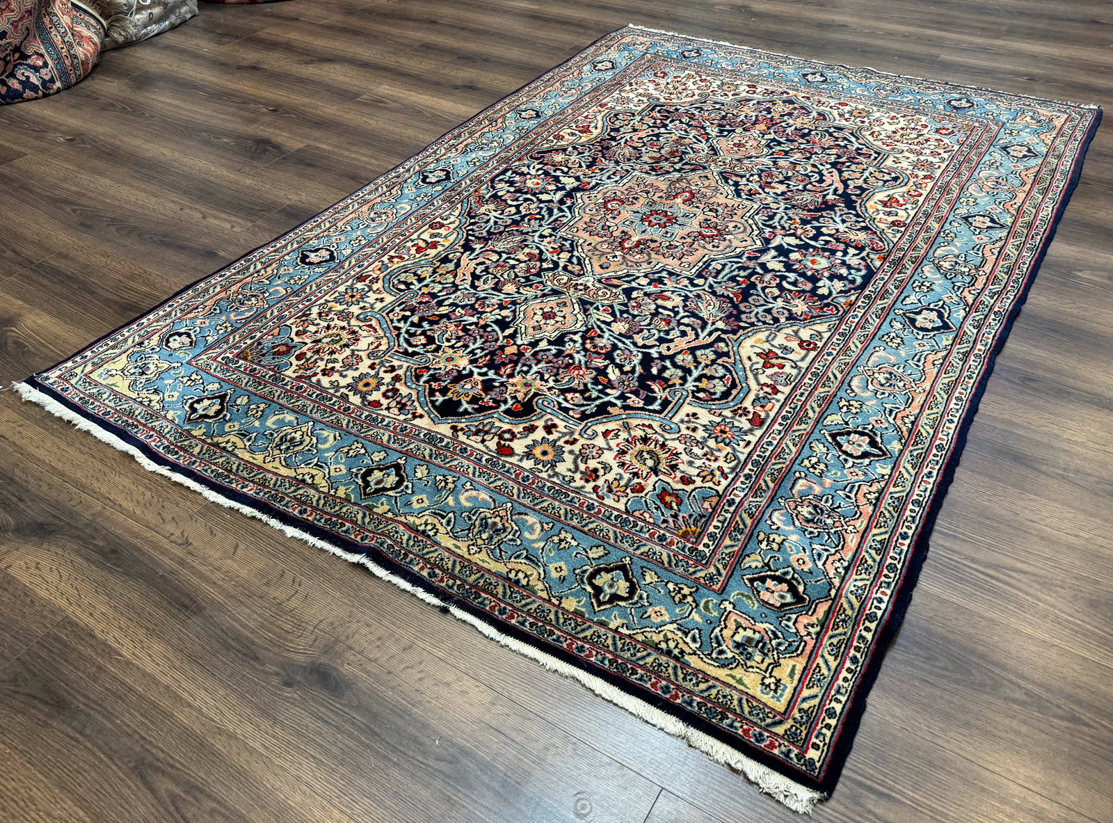 Persian Qum Rug 5x7 in Navy Light Blue and Ivory, Wool wilh Silk Highlights, 225 KPSI