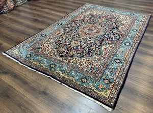 Persian Qum Rug 5x7 in Navy Light Blue and Ivory, Wool wilh Silk Highlights, 225 KPSI