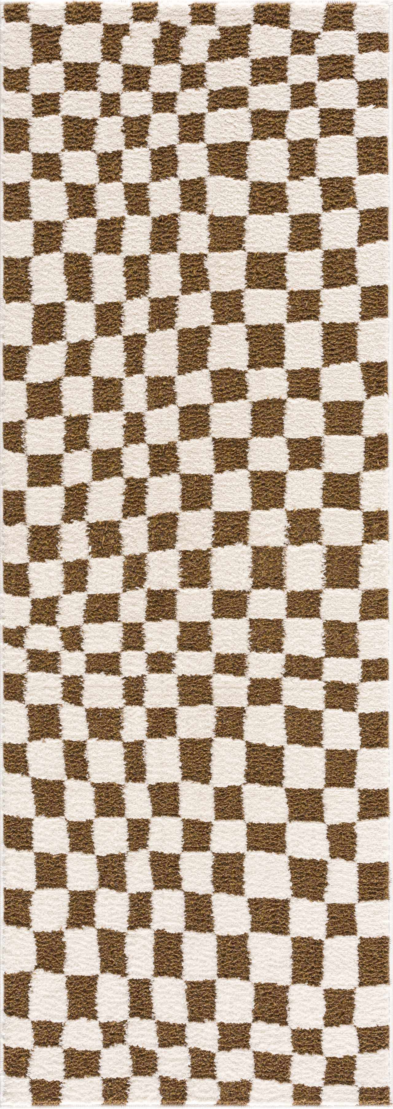 Lajos Brown Checkered 7ft Runner Rug