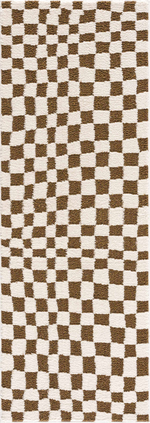Lajos Brown Checkered 7ft Runner Rug