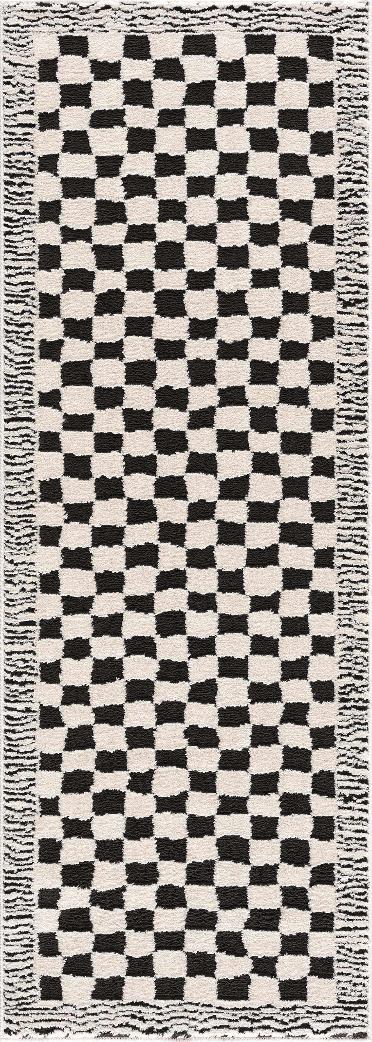 Leryn Black & White Checkered 7ft Runner Rug