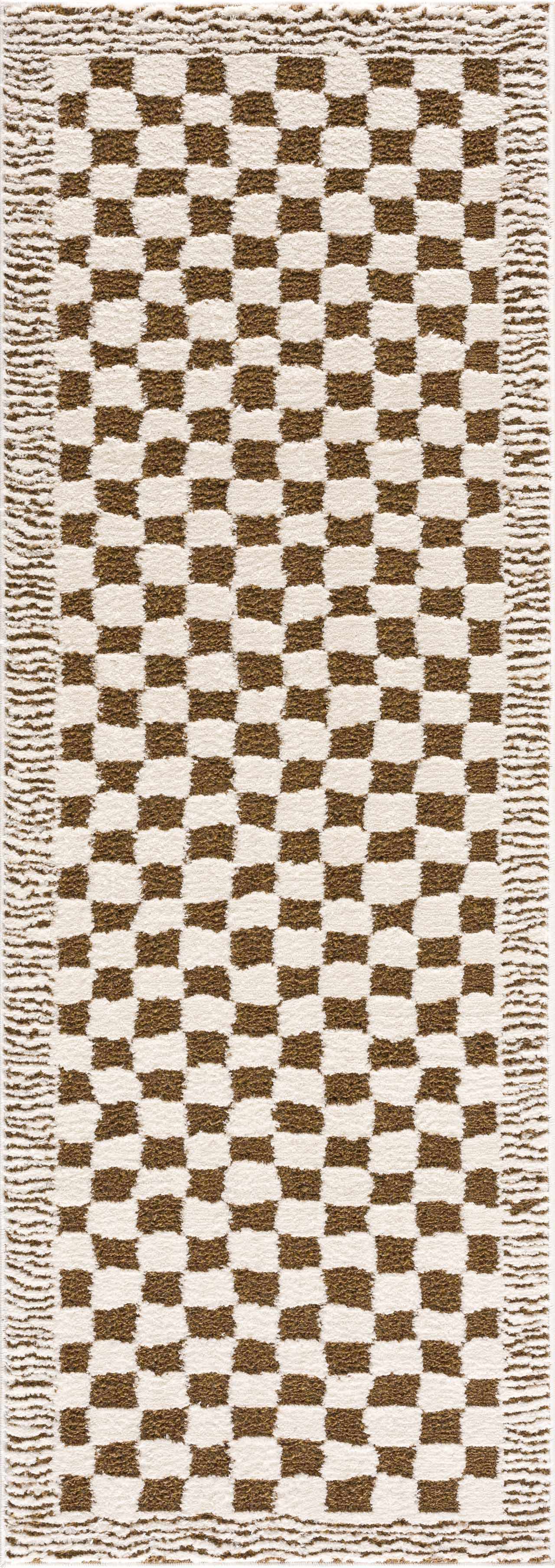 Leryn Brown & White Checkered 7ft Runner Rug