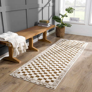 Leryn Brown & White Checkered 7ft Runner Rug