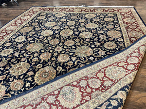 Sino Persian Rug 9x12, Wool Hand Knotted Vintage Oriental Carpet, Navy Blue Floral Allover, Traditional Room Sized 9 x 12 Rug