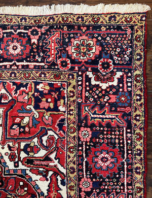 Persian Heriz Rug 8x12, Vintage Geometric Medallion Carpet, Semi Antique Wool Handmade Room Sized Oriental Rug 8 x 12, Red Dark Blue Ivory