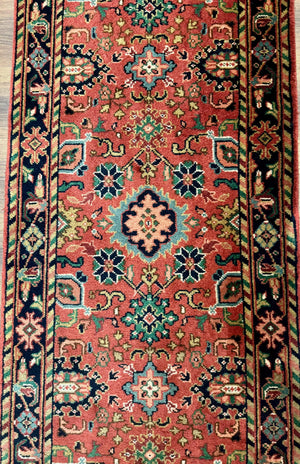 Indo Persian Heriz Runner Rug 2 x 12 ft, Hand Knotted Wool Hallway Rug, Red & Black