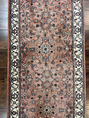 Indo Persian Runner Rug 2.6 x 10, Wool Hand Knotted Vintage Oriental Carpet, Pink & Ivory, Floral Allover, Hallway Rug