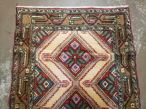 Small Persian Rug 2x3, Hand Knotted Handmade Wool Tribal Geometric Medallion Hamadan Carpet 2 x 3 ft Cream Red Camel Hair Color, Tiny Vintage Carpet