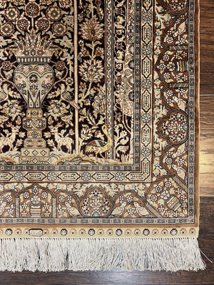 Turkish Silk Hereke Rug 2x3, Floral Vase Tree of Life Birds, Silk Pile on Silk Foundation, Vintage Oriental Carpet, Very Fine, Signature