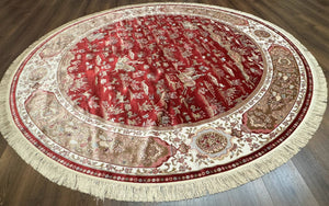 Large Round Turkish Silk Rug 8x8, Hunting Design, Dark Red & Ivory, Bamboo Silk