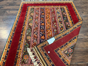 Turkish Rug 4x6, Stripe Pattern, Red & Multicolor, Vintage Handmade Wool Carpet