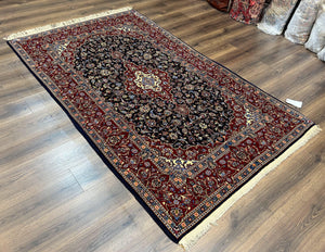 Dark Blue Persian Rug 5x8, Kork Wool Semi Antique Kashan Carpet, Very Fine Lachak Toranj Rug, Hand Knotted Floral Medallion Rug, 5 x 8 Oriental Rug