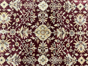 Vintage Indo Mahal Rug 8x10, Hand Knotted Wool Maroon & Beige Indian Agra Oriental Carpet, 8x10 ft Traditional Handmade Area Rug, Room Sized