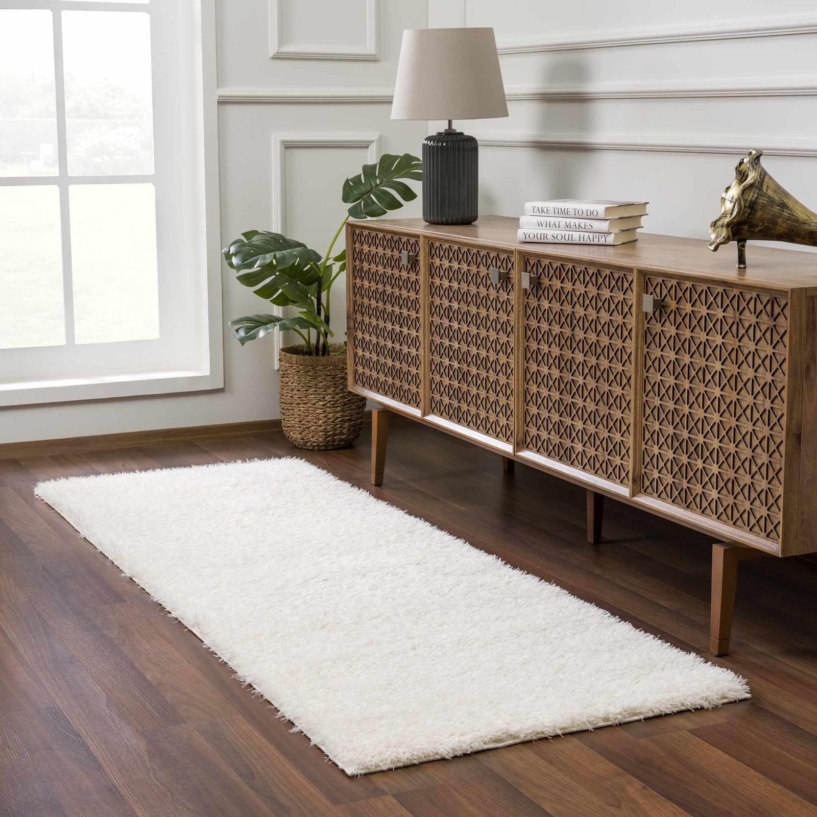 Faina Solid Cream Shag 7ft Rug Washable