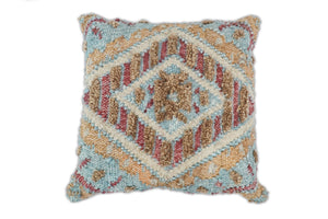 Hand Woven Boho Tribal Accent Mustard and Blue Jute and Wool Pillow, Cushion | PL13